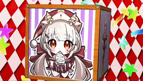 a picture of a girl in a santa hat is in a wooden box on a checkered background