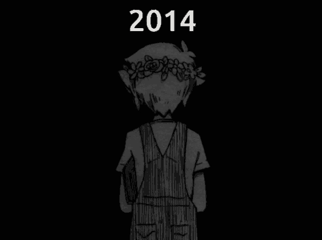 a black and white drawing of a boy with the year 2014