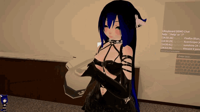 a girl with blue hair is standing in front of a keyboard demo chat screen