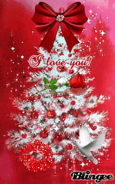 a christmas tree with a red rose and the words i love you on it