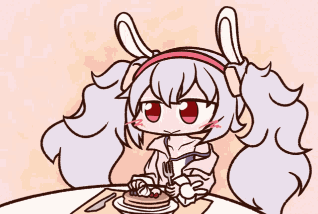 a cartoon of a girl with bunny ears sitting at a table
