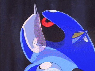 a blue cartoon character with a red eye and a spiked head