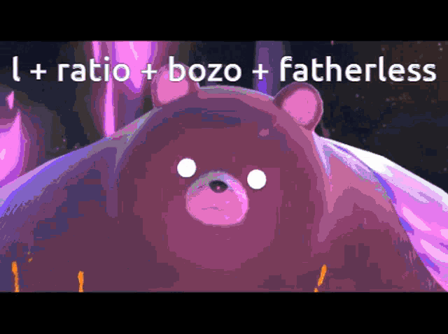 a picture of a bear with the words " i + ratio + bozo + fatherless " on it