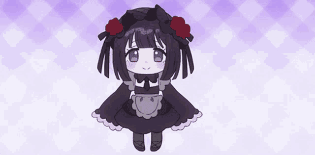 a little girl is wearing a black dress with a bow and flowers in her hair .