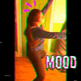 a woman is dancing in a room with the word mood written on the bottom
