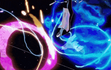 a purple and blue circle with a black hole in the background