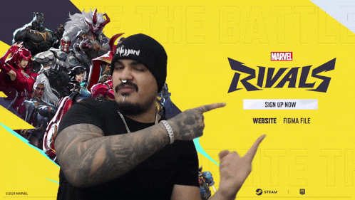 a man is pointing at a marvel rivals sign up button