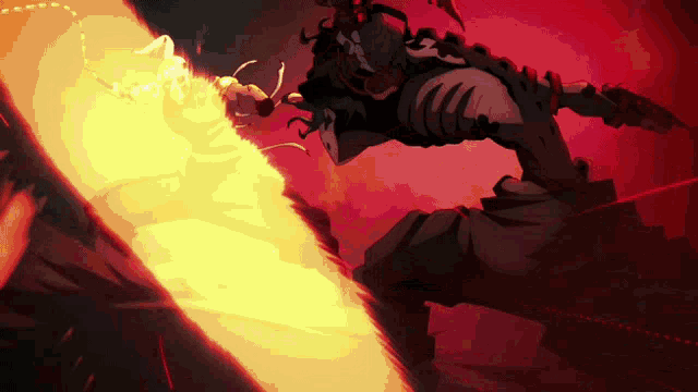 a cartoon character is holding a sword and shooting a beam of flames