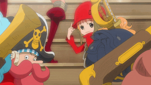 a cartoon character with a skull and crossbones hat and a sword