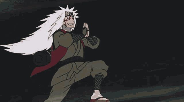 a cartoon character with a long white hair and a red cape is running in the dark .