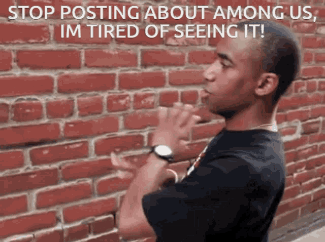a man standing in front of a brick wall with the words " stop posting about among us im tired of seeing it "