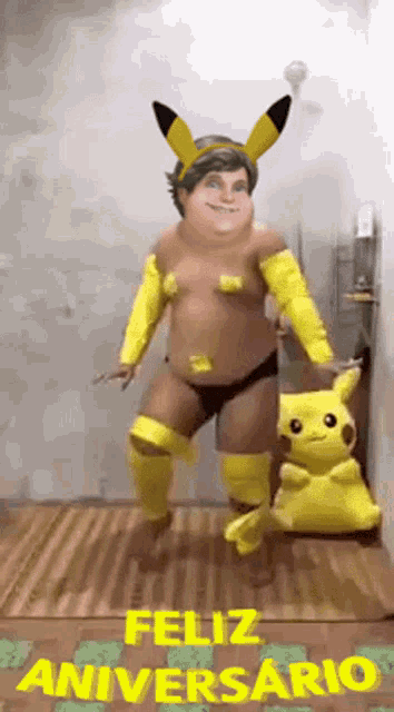 a man in a pikachu costume is dancing with a pikachu balloon in front of a sign that says feliz aniversario