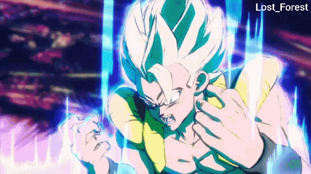 a drawing of gogeta from dragon ball z with lost forest written below him