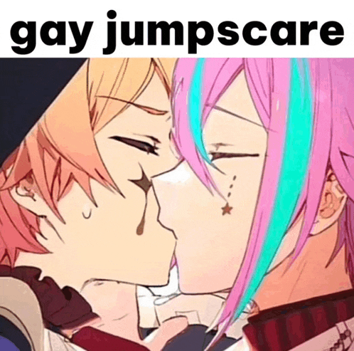 a couple of anime characters kissing with the words gay jumpscare above them