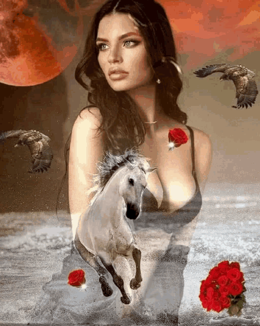 a woman is surrounded by birds and a horse .