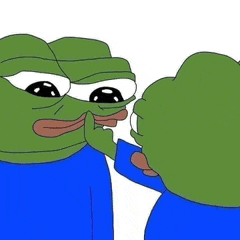 two green frogs are talking to each other .