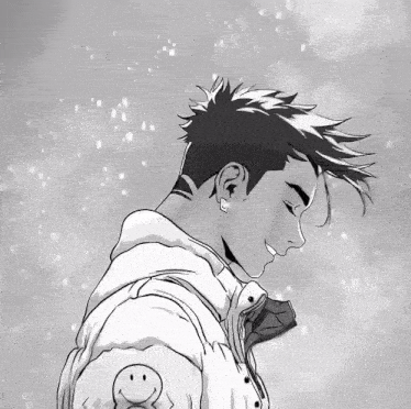 a black and white drawing of a young man with a smiley face on his arm