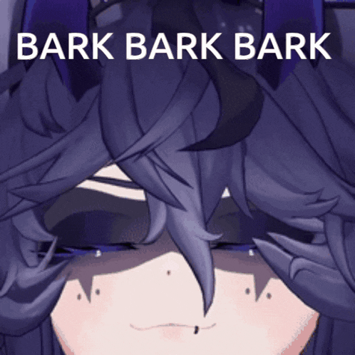 a close up of a person 's face with the words " bark bark bark " above it