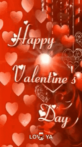 a happy valentine 's day greeting card with red hearts and a candle
