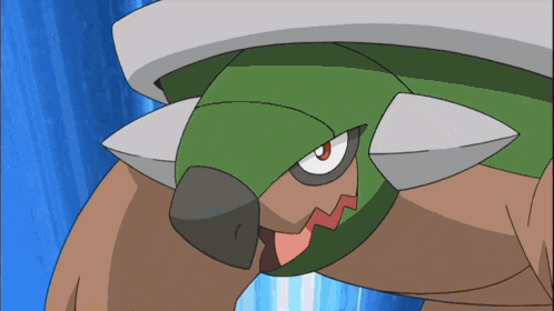 a cartoon character with a green shell and a red mouth
