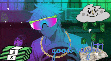 a cartoon of a man wearing sunglasses holding a basketball with the words good night written on it
