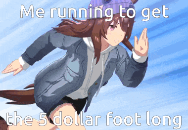a picture of a girl running with the words me running to get the 5 dollar foot long