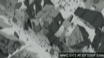 a black and white drawing of a city being destroyed by a giant explosion .