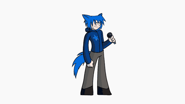 a cartoon character with blue hair is holding a microphone and a flashlight .