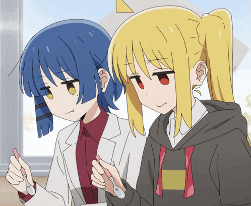 a blue haired girl and a blonde haired girl are holding spoons