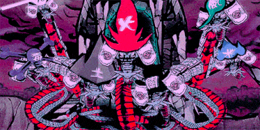 a colorful drawing of a samurai with a red x on his head