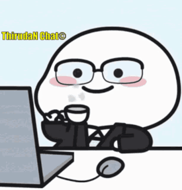 a cartoon character with glasses is sitting in front of a laptop and holding a cup of coffee