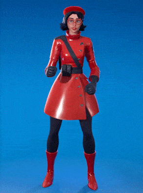 a woman in a red coat and hat stands on a blue background