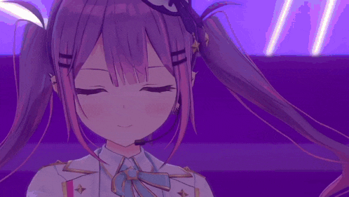 a girl with purple hair and yellow eyes is standing in front of a purple background