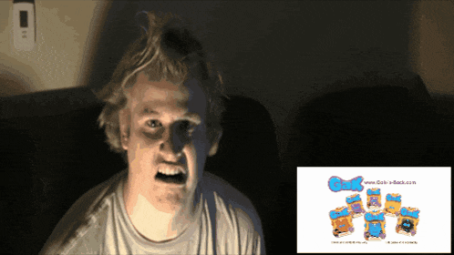 a man making a funny face in front of an advertisement for bob-a-back.com