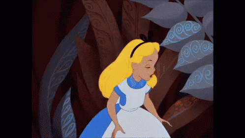 a cartoon of alice from alice in wonderland with a blue dress