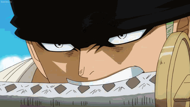 a close up of a person 's face with a sword in his mouth