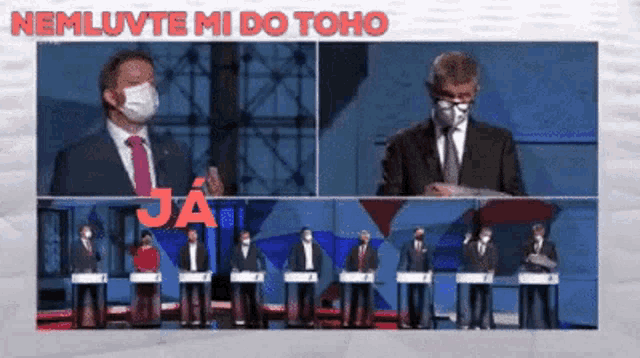 a man in a suit and tie is giving a speech in front of a crowd with the words nemluvete mi do toho