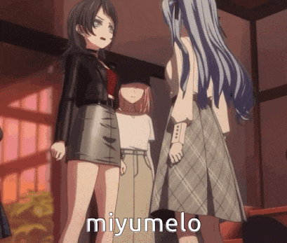 a group of anime girls are standing next to each other with the word miyumelo in the corner
