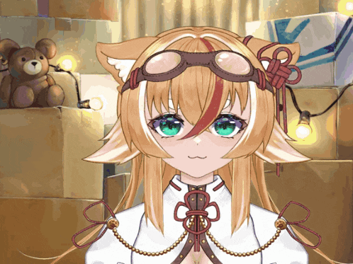 a girl with a cat ear is wearing goggles