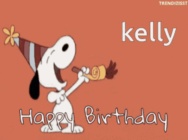 a cartoon of snoopy blowing a party horn with the name kelly on it