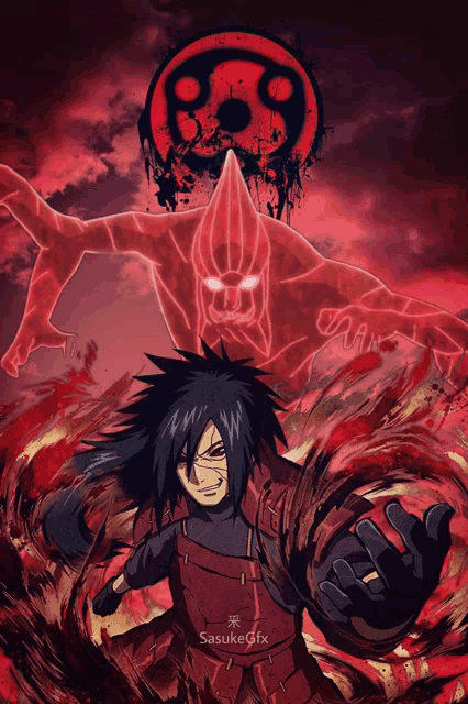 a drawing of a man and a demon with the words sasukegfx below it