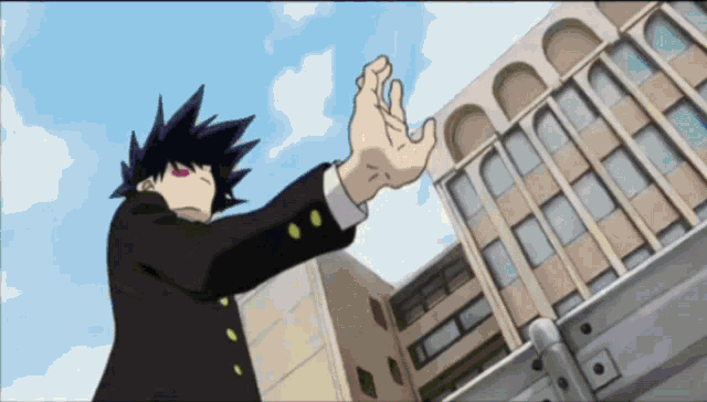 a cartoon character reaches out towards a building with a blue sky in the background