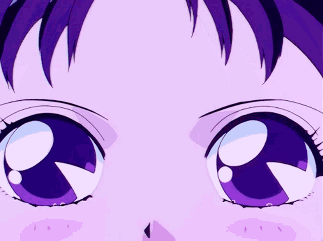 a close up of a person 's eyes with a purple haired character with the letter h on her forehead