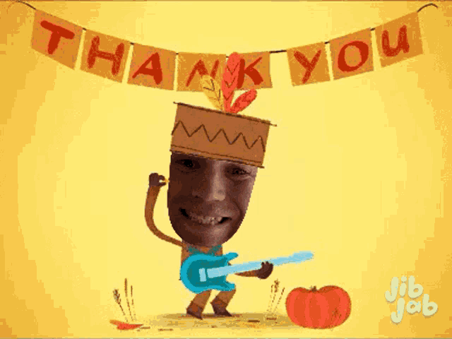 a cartoon of a man playing a guitar with a thank you banner behind him .