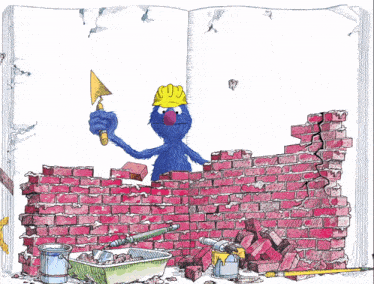 a cartoon of elmo building a brick wall with a shovel