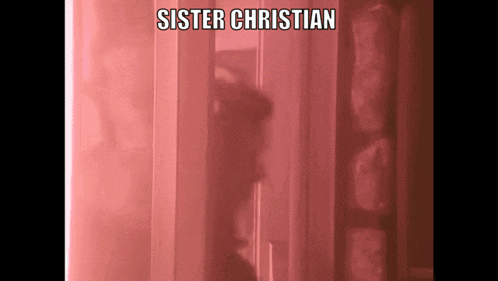 a woman is standing in front of a window with the words sister christian on the bottom