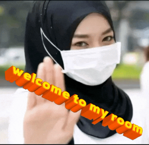 a woman wearing a face mask with the words welcome to my room behind her