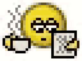 a pixelated smiley face with a cup of coffee and a piece of paper .