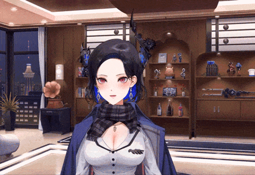 a girl with a scarf around her neck stands in a room