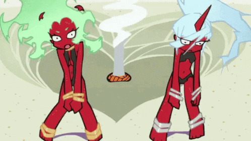 a couple of cartoon characters standing next to each other with smoke coming out of their mouths